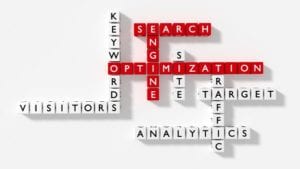 Crossword puzzle showing search engine optimization keywords as dice on a white board flat design SEO concept 3D illustration